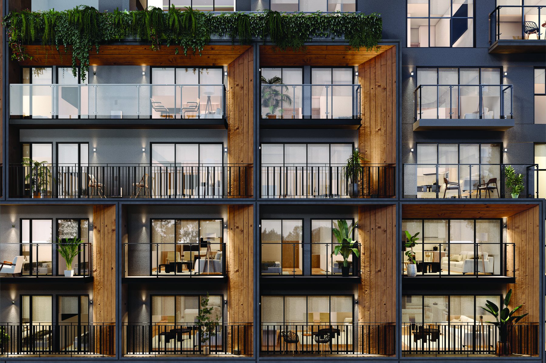 Fachada con balcones y vegetación