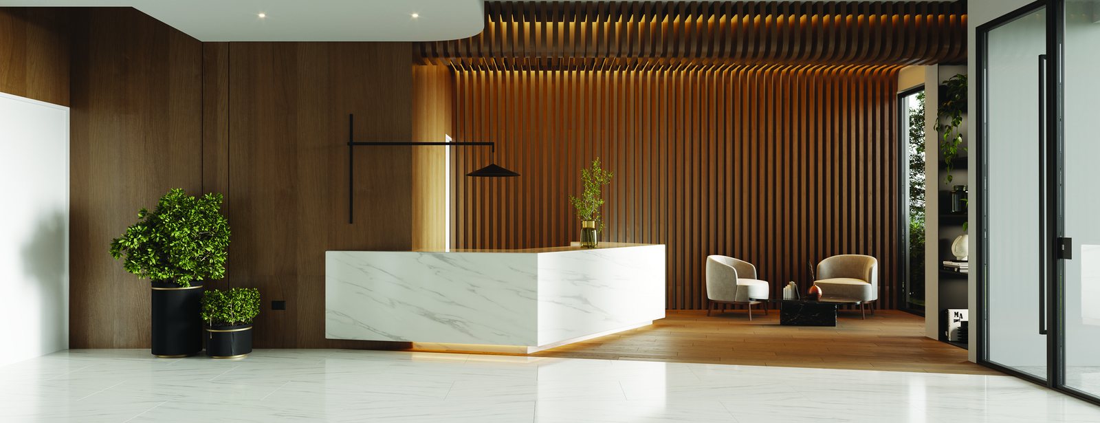 Lobby de Vasco 640 con paneles de madera y mármol